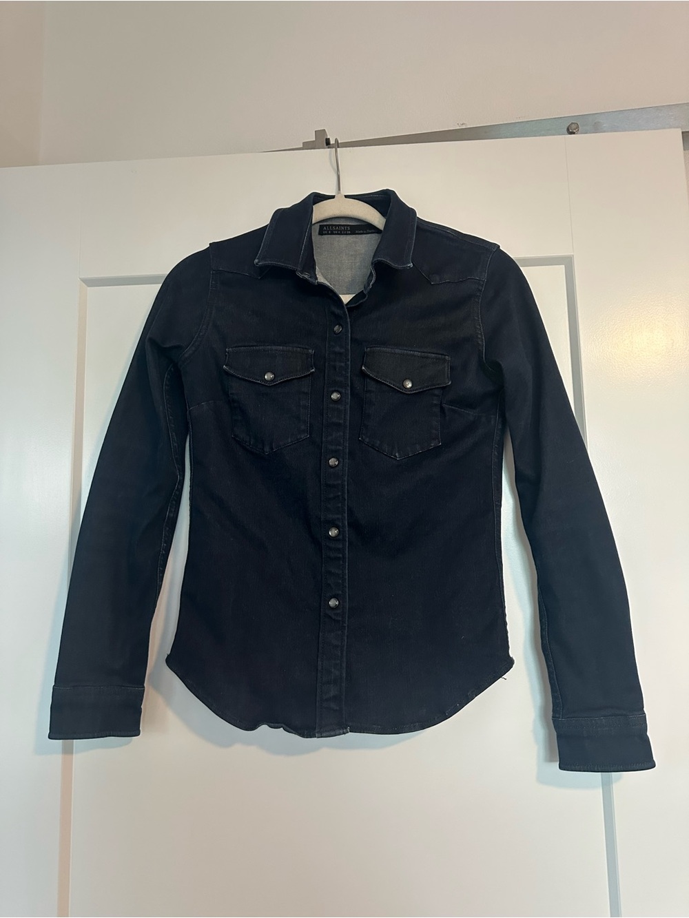 All Saints Dark Navy Button-Front Western Denim Shirt